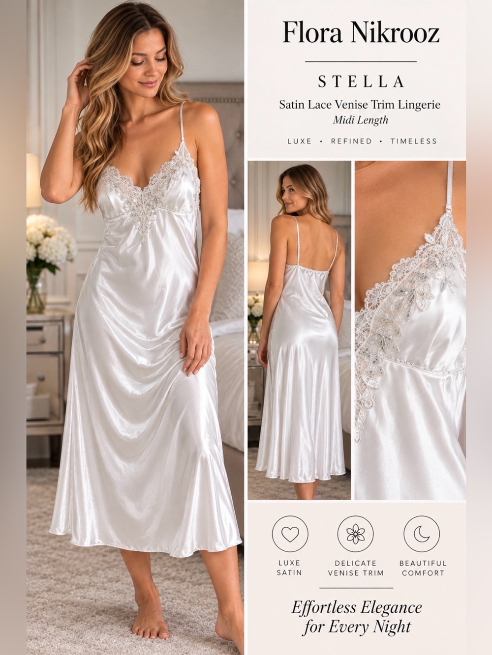 Flora‎ Nikrooz Stella Satin Lace Venise Trim Lingerie Women L NEW Luxe Romance